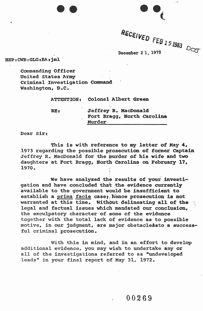 December 21, 1973: Letter from Assistant Attorney General Henry Petersen to Col. Albert Green, concluding that the evidence currently available to the government would be insufficient to establish prima facie case, p. 1 of 2