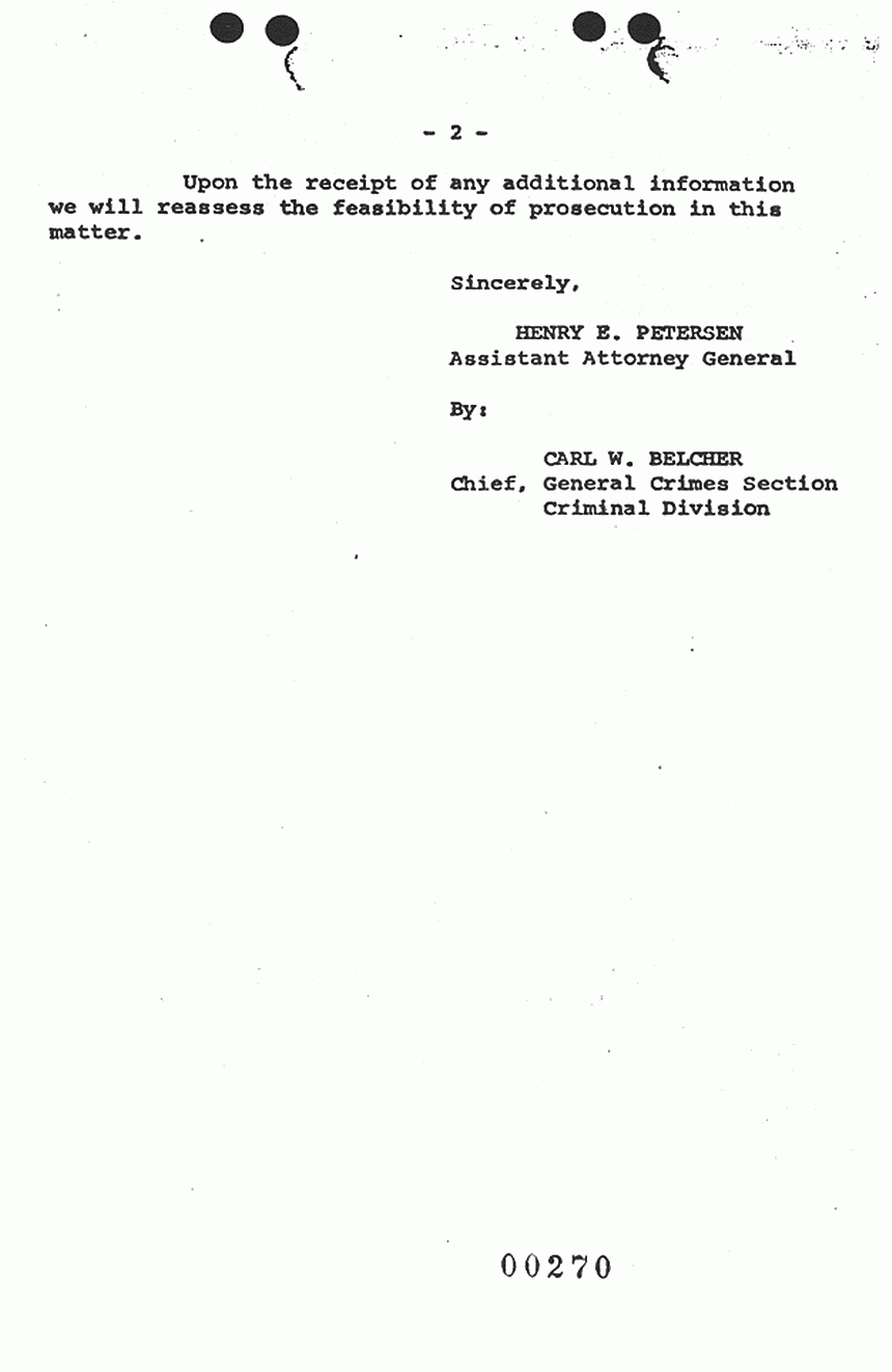 December 21, 1973: Letter from Assistant Attorney General Henry Petersen to Col. Albert Green, concluding that the evidence currently available to the government would be insufficient to establish prima facie case, p. 2 of 2