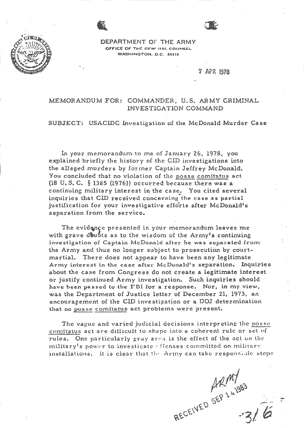 April 7, 1978: Army memo re: Investigation of the MacDonald Murder Case, p. 1 of 3