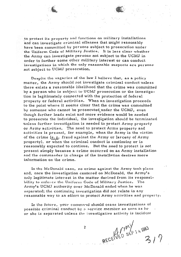 April 7, 1978: Army memo re: Investigation of the MacDonald Murder Case, p. 2 of 3