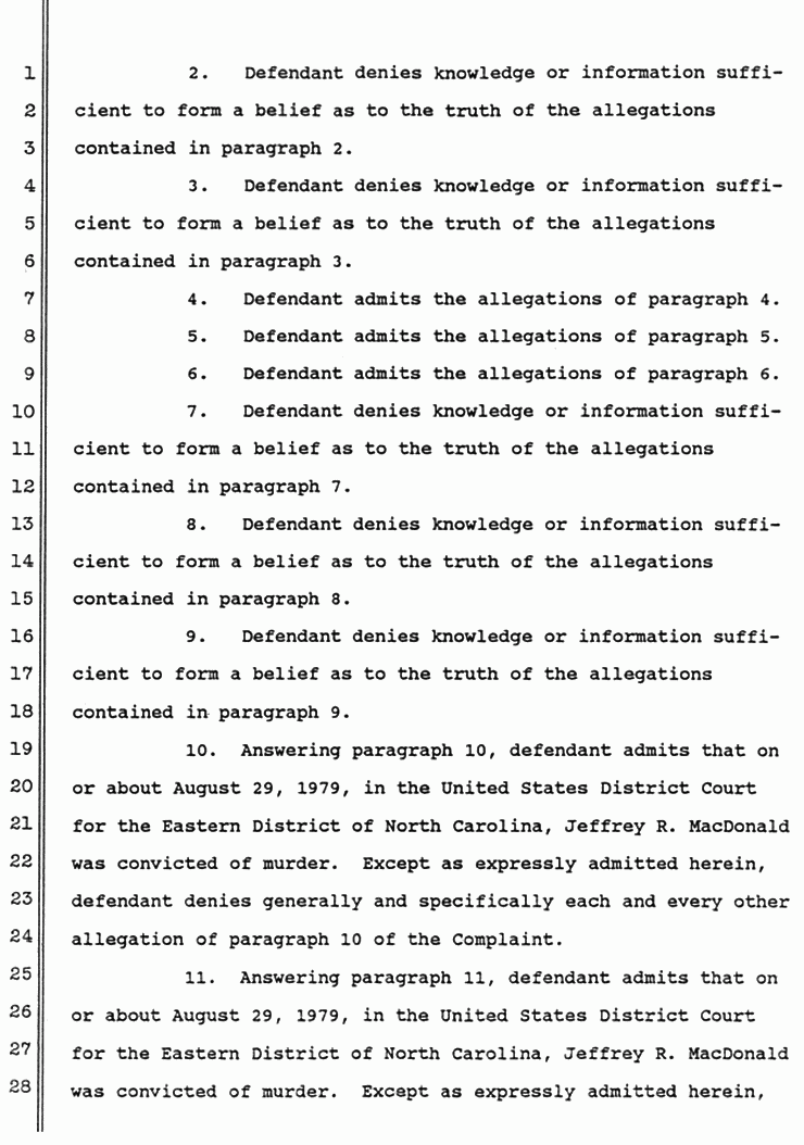 June 1988: Answer of Dorothy MacDonald to Second Amended Complaint of Mildred Kassab  to Establish and Enforce Constructive Trust, p. 2 of 10