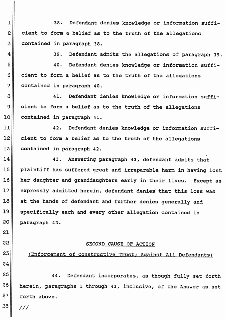 June 1988: Answer of Dorothy MacDonald to Second Amended Complaint of Mildred Kassab  to Establish and Enforce Constructive Trust, p. 6 of 10