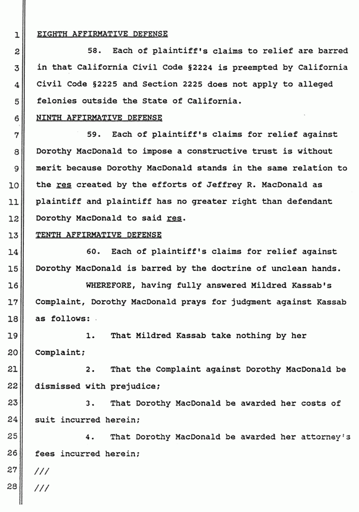 June 1988: Answer of Dorothy MacDonald to Second Amended Complaint of Mildred Kassab  to Establish and Enforce Constructive Trust, p. 9 of 10