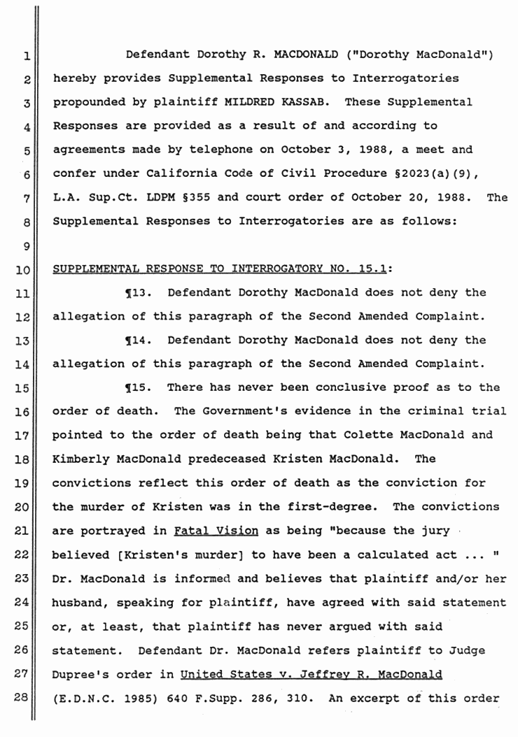 November 1988: Supplemental Responses of Dorothy MacDonald to Interrogatories, p. 2 of 6