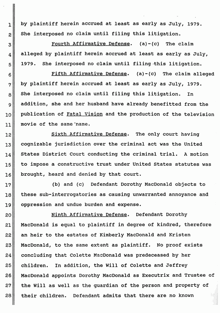 November 1988: Supplemental Responses of Dorothy MacDonald to Interrogatories, p. 5 of 6