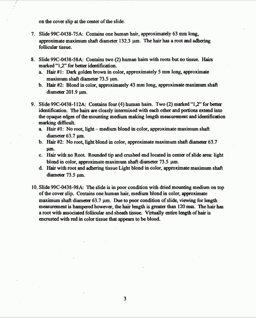 November 30, 1999: AFIP/AFME Forensic Trace Materials Analysis Laboratory Examination Report by Grant Graham, p. 3 of 5
