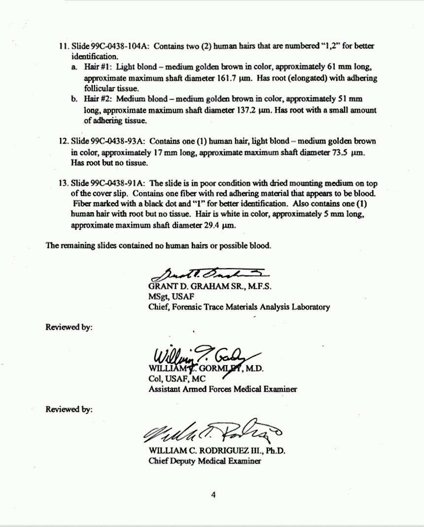 November 30, 1999: AFIP/AFME Forensic Trace Materials Analysis Laboratory Examination Report by Grant Graham, p. 4 of 5
