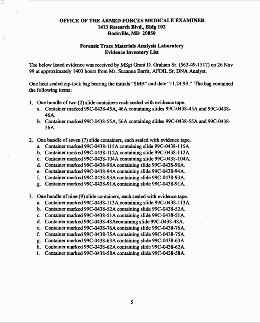 November 30, 1999: AFIP/AFME Forensic Trace Materials Analysis Laboratory Examination Report by Grant Graham, p. 5 of 5