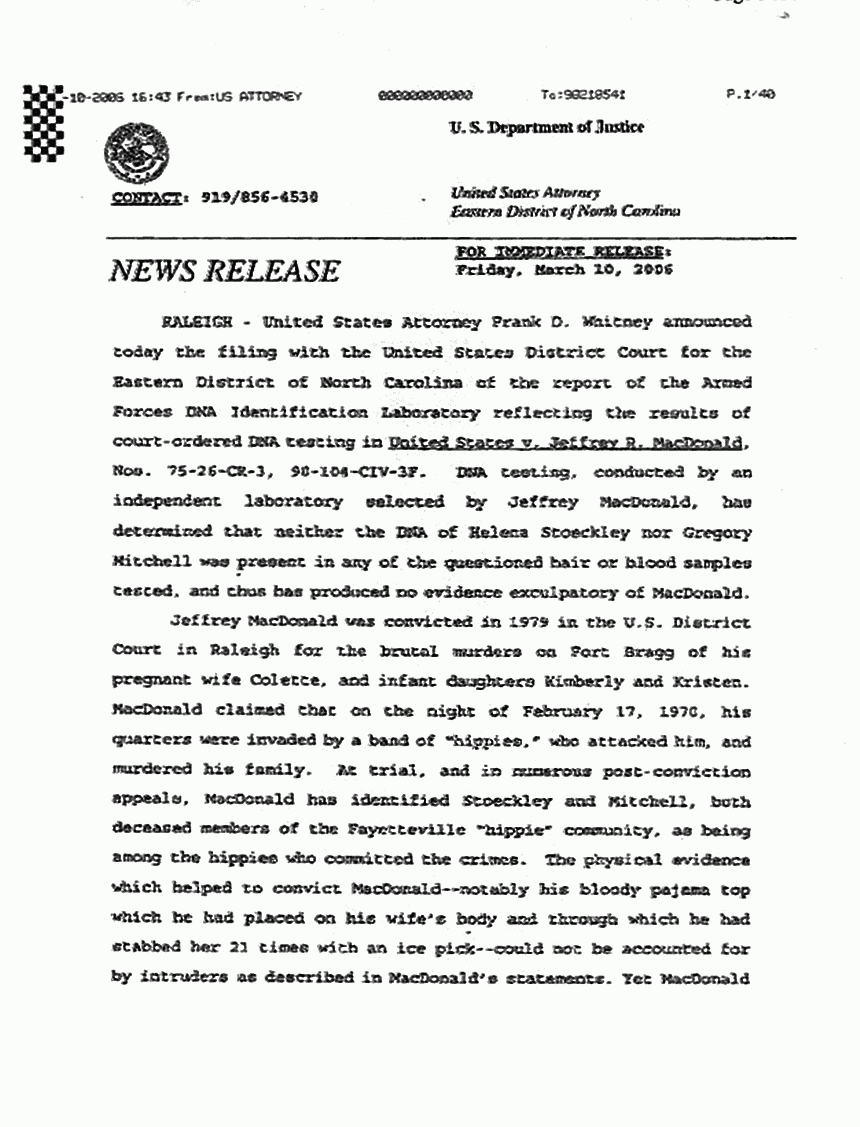 March 10, 2006: U. S. Dept. of Justice News Release re: Completion of DNA testing, p. 1 of 4