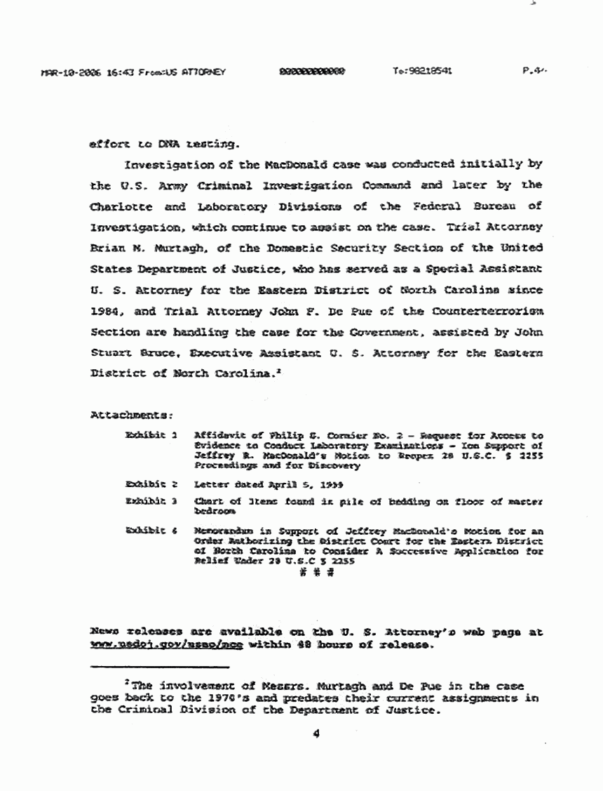 March 10, 2006: U. S. Dept. of Justice News Release re: Completion of DNA testing, p. 4 of 4