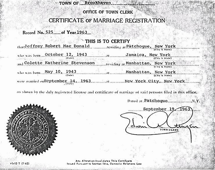 September 14, 1963: Certificate of Marriage Registration for Jeffrey MacDonald and Colette MacDonald [nee Stevenson]