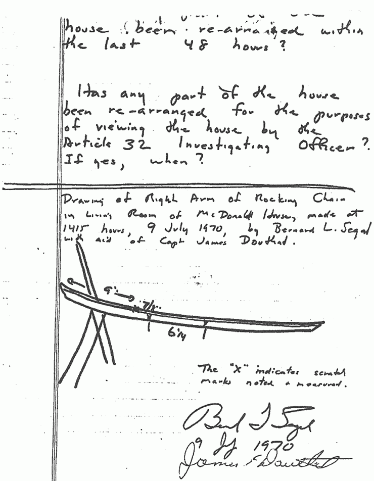 July 9, 1970: Sketch of right arm of rocking chair in living room of 544 Castle Dr., by Bernard Segal and James Douthat
