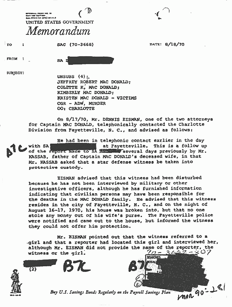 August 18, 1970: Government Memorandum re: Protection for witness (William Posey) requested by Dennis Eisman, p. 1 of 2