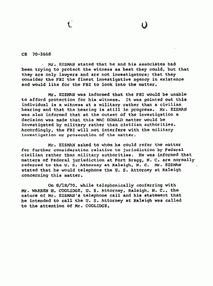 August 18, 1970: Government Memorandum re: Protection for witness (William Posey) requested by Dennis Eisman, p. 2 of 2