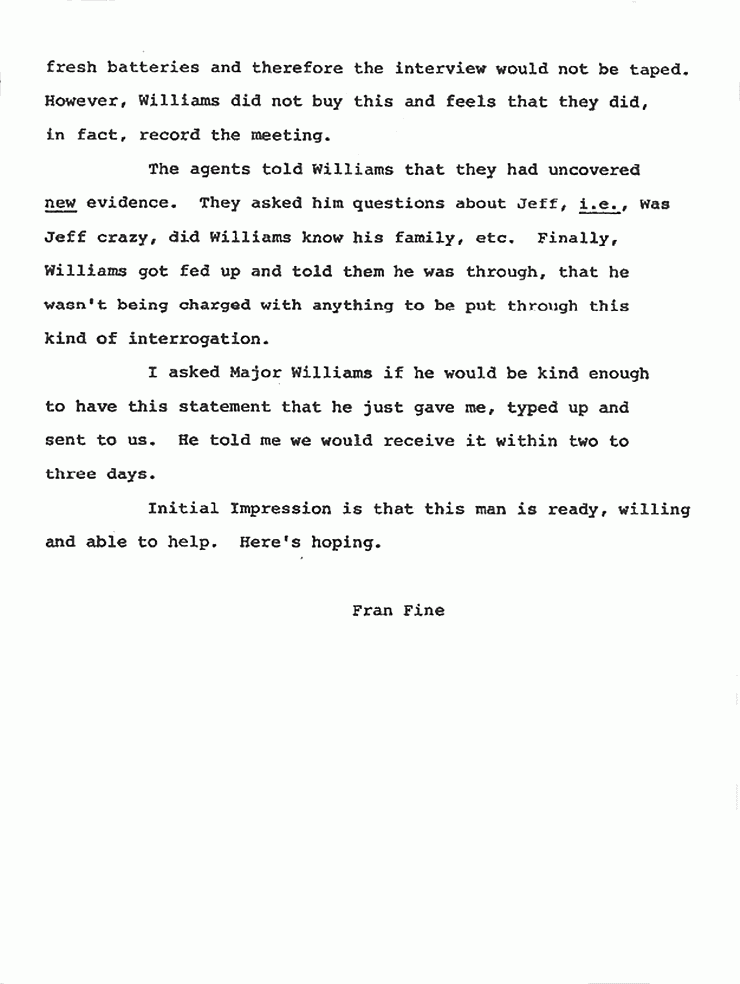 April 16, 1979: Memo from Defense Litigation Assistant Frances Fine re: Conversation with Major James Williams, p. 2 of 2
