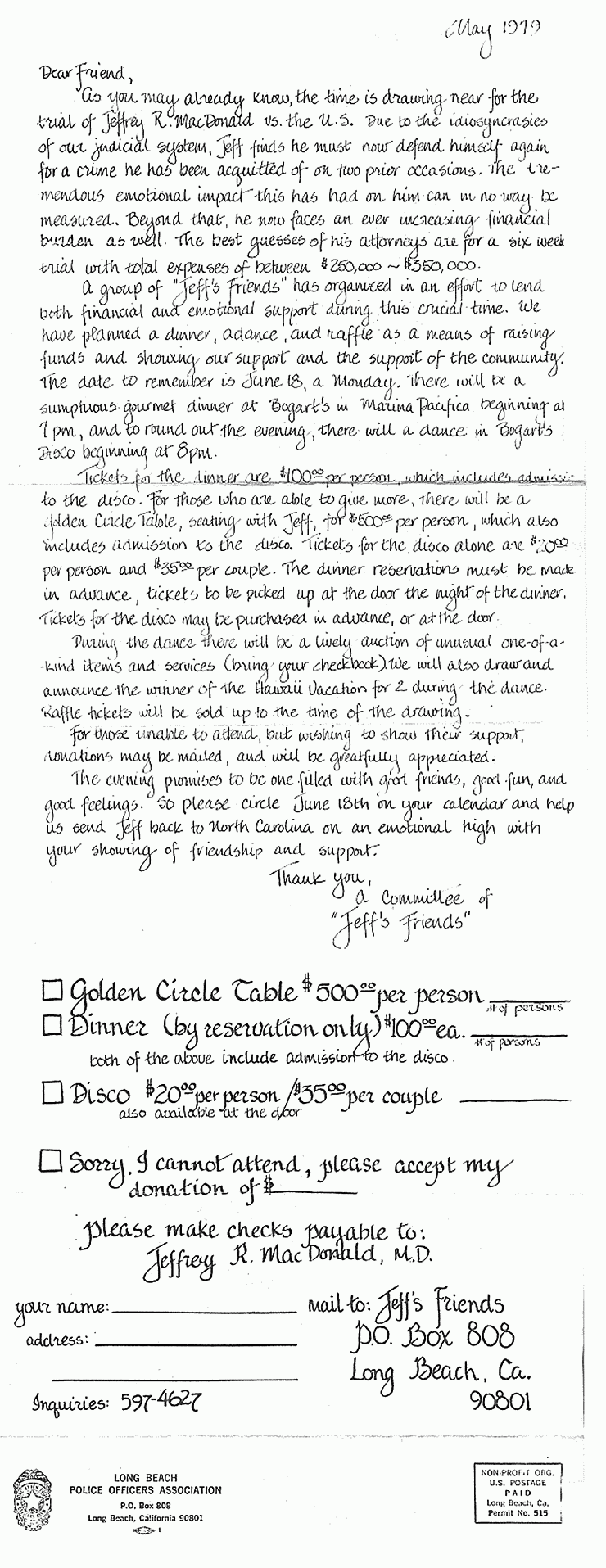 May 1979: Invitation by Long Beach Police Dept. and Jeff's Friends to June 18, 1979 dinner party