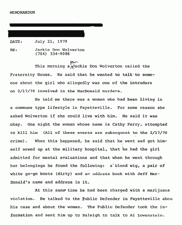 July 21, 1979: Memo from John Myers re: Jackie Don Wolverton, p. 1 of 2