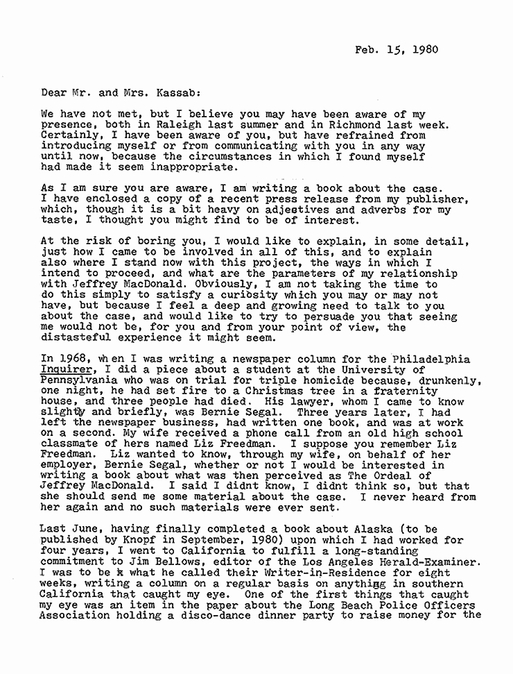 February 15, 1980: Letter from Joe McGinniss to Freddy and Mildred Kassab re: Fatal Vision, p. 1 of 4