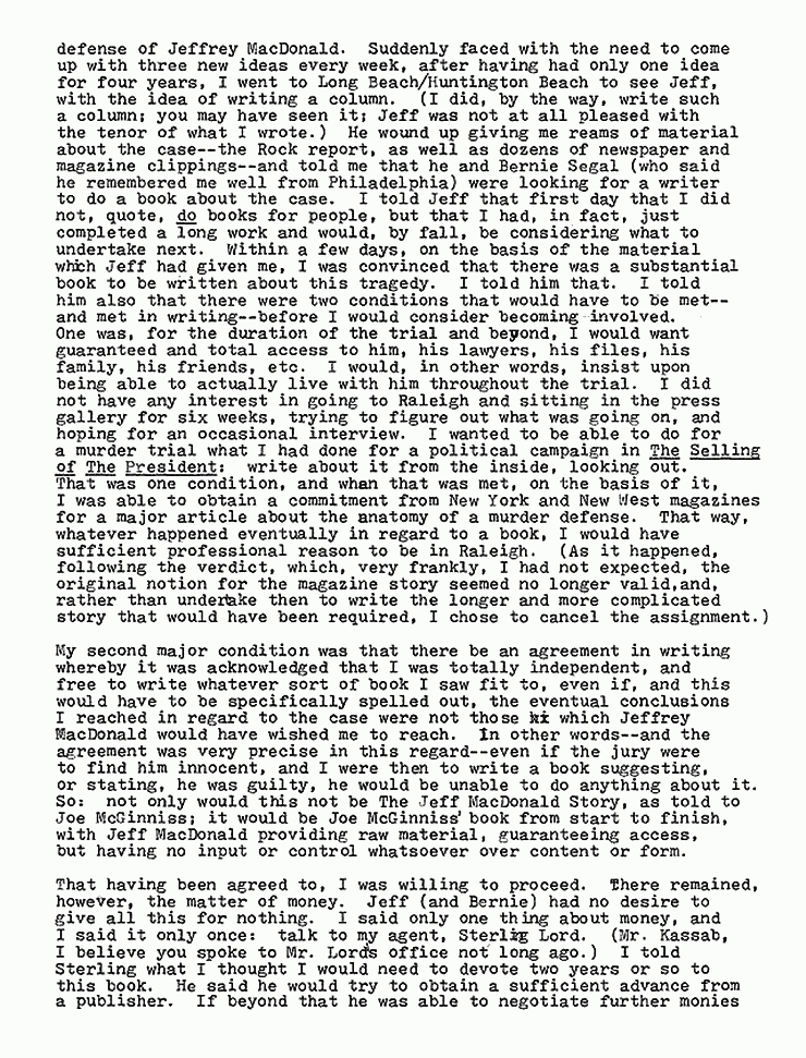 February 15, 1980: Letter from Joe McGinniss to Freddy and Mildred Kassab re: Fatal Vision, p. 2 of 4