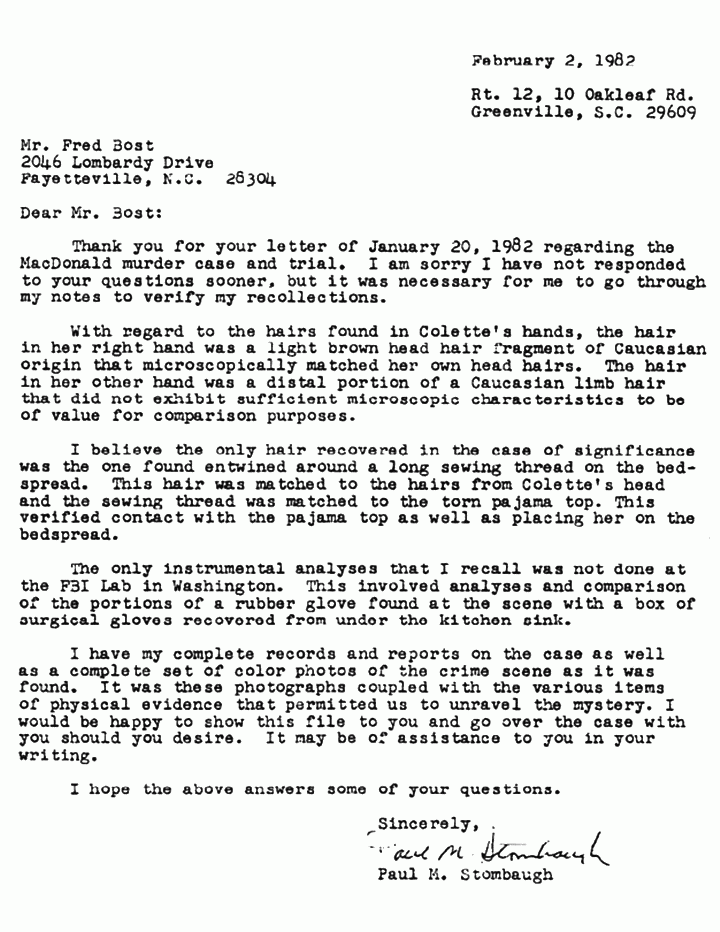 February 2, 1982: Letter from Paul Stombaugh to Fred Bost re: hairs in Colette MacDonald's hands
