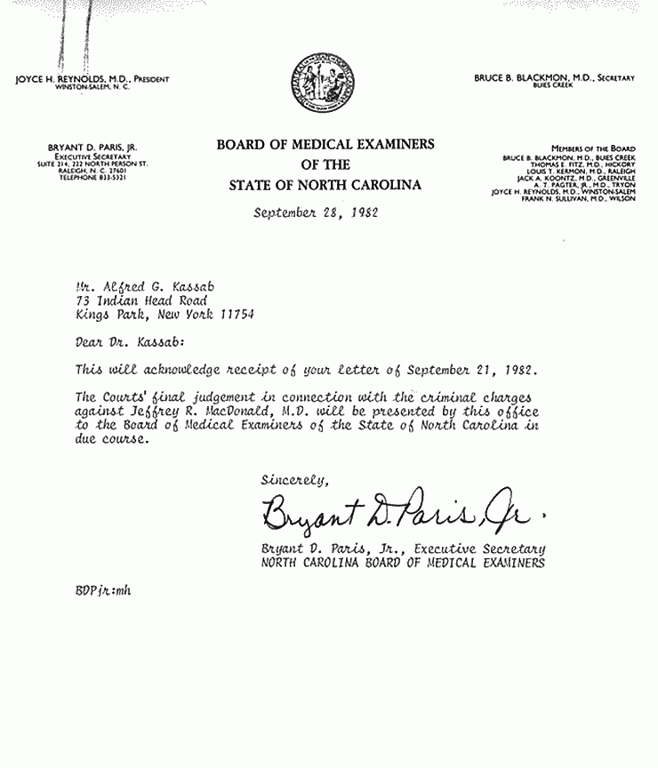 September 28, 1982: Letter from Board of Medical Examiners, North Carolina, to Freddy Kassab, re: Jeffrey MacDonald's medical license