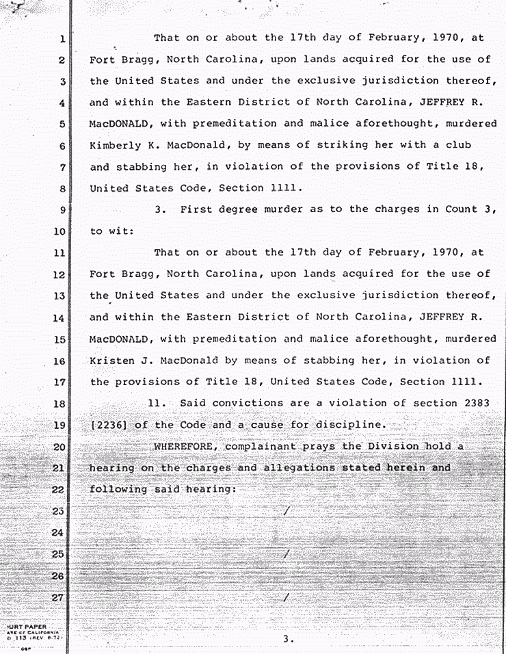 October 14, 1982: Supplemental Accusation by Robert Rowland re: Request for Hearing and Revocation of Jeffrey MacDonald's California medical license, p. 3 of 4 October 14, 1982: Supplemental Accusation by Robert Rowland re: Request for Hearing and Revocation of Jeffrey MacDonald's California medical license, p. 3 of 4