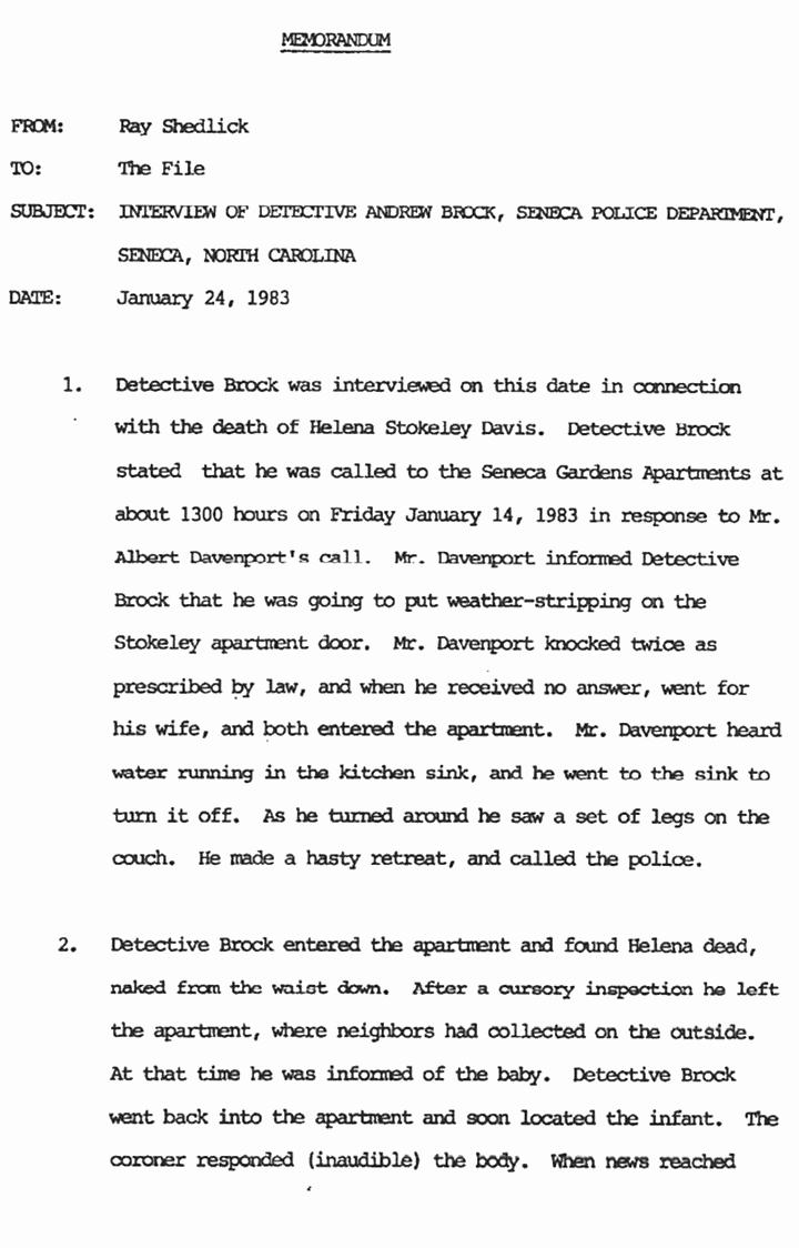 January 24, 1983: Memo from Ray Shedlick re: Det. Andy Brock's investigation of Helena Stoeckley's death, p. 1 of 3