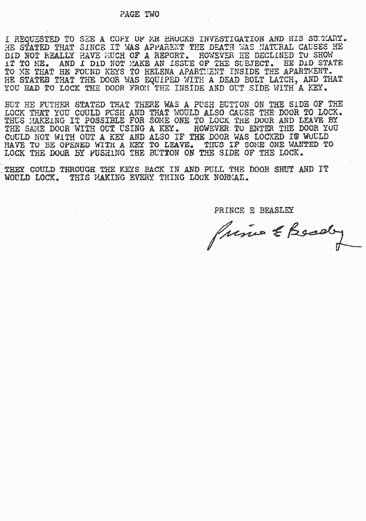 February 14, 1983: Memo from P. E. Beasley re: Det. Andy Brock's investigation of Helena Stoeckley's death, p. 2 of 2
