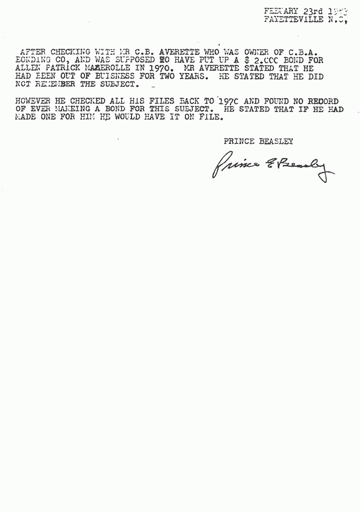 February 23, 1983: Memo from P. E. Beasley re: Allen Mazerolle's bond