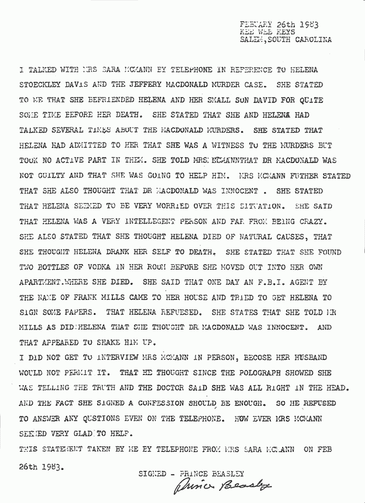 February 26, 1983: Memo from P. E. Beasley re: Conversation with Sara McGann