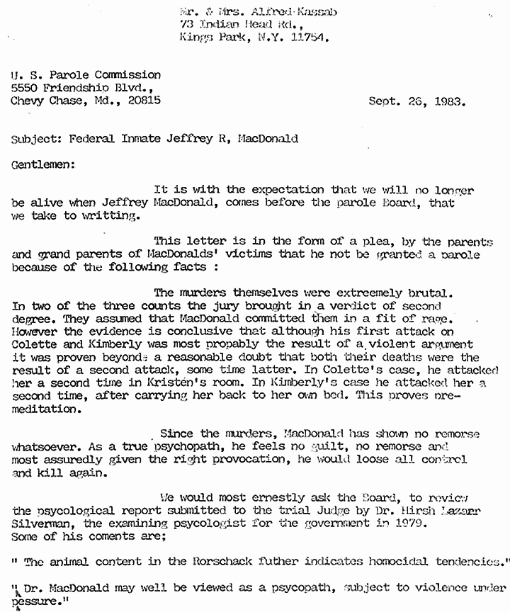 September 26, 1983: Letter from Mildred and Freddy Kassab to any future parole board, p. 1 of 2