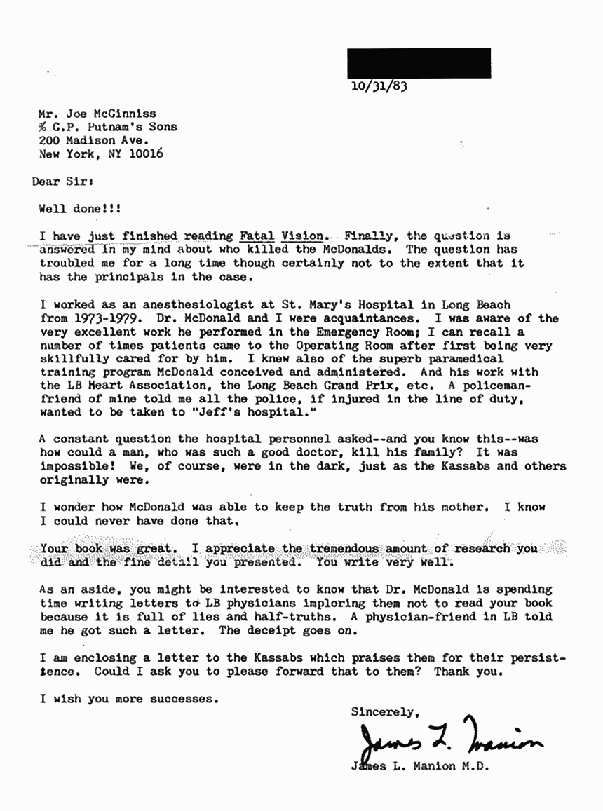 October 31, 1983: Letter from Dr. James Manion to Joe McGinniss re: Jeffrey MacDonald and Fatal Vision October 31, 1983: Letter from Dr. James Manion to Joe McGinniss re: Jeffrey MacDonald and Fatal Vision