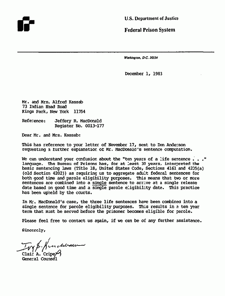 December 1, 1983: Letter from Federal Prison System to Freddy and Mildred Kassab re: Jeffrey MacDonald's eligibility for parole