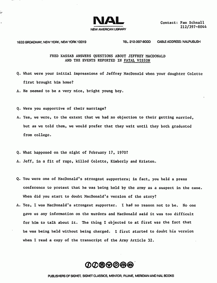 July 1984: New American Library: Fred Kassab Answers Questions About Jeffrey MacDonald and the Events Reported in Fatal Vision, p. 1 of 4