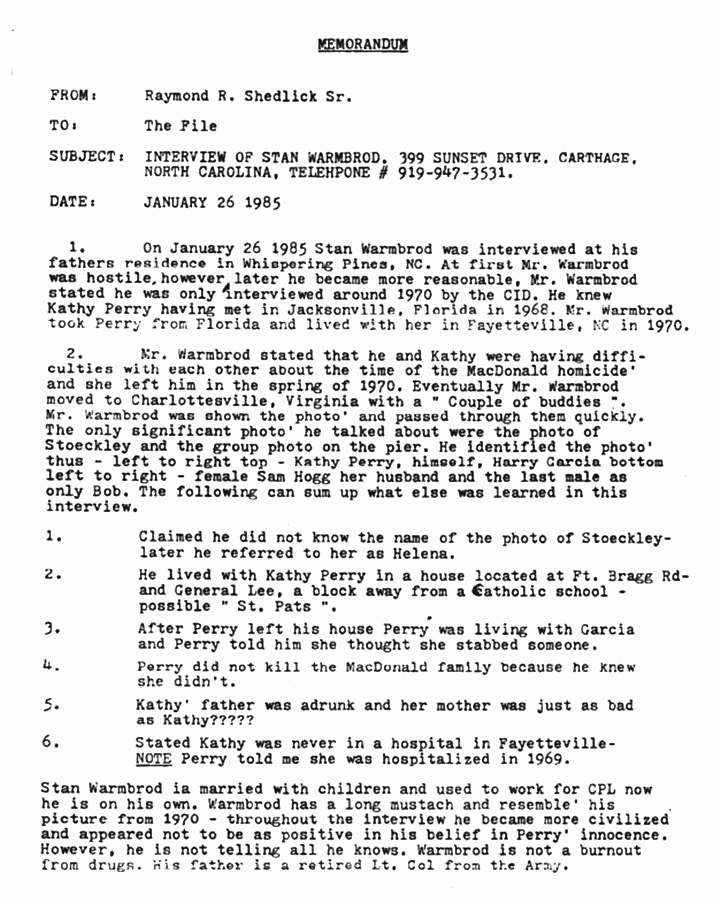 January 26, 1985: Memo from Ray Shedlick re: Interview of Stan Warmbrod
