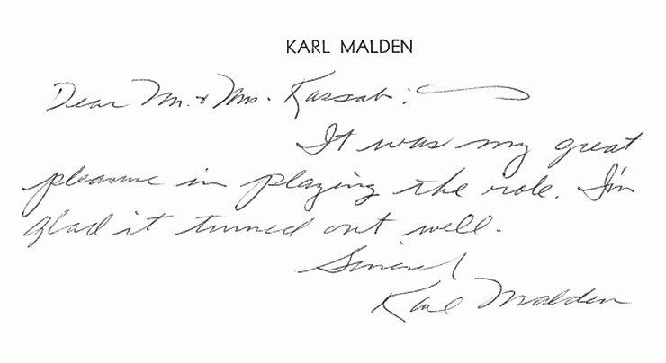 October 15, 1985: Note from Karl Malden to Freddy and Mildred Kassab