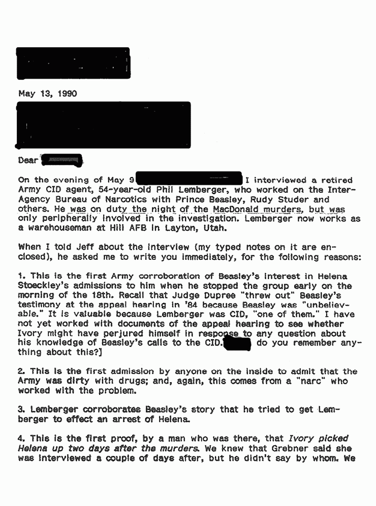 May 13, 1990: Letter re: Interview with Phil Lemberger (CID, ret.), p. 1 of 3