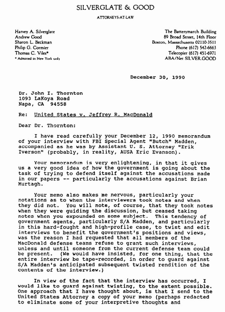 December 30, 1990: Letter from Harvey Silverglate to John Thornton, re: Thornton's Dec. 12, 1990 memorandum of interview of Butch Madden (FBI), p. 1 of 2