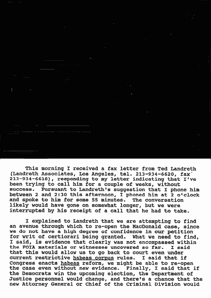 September 24, 1992: Memo (assumed from attorney Harvey Silverglate), re: telephone conversation with Ted Landreth, p. 1 of 5