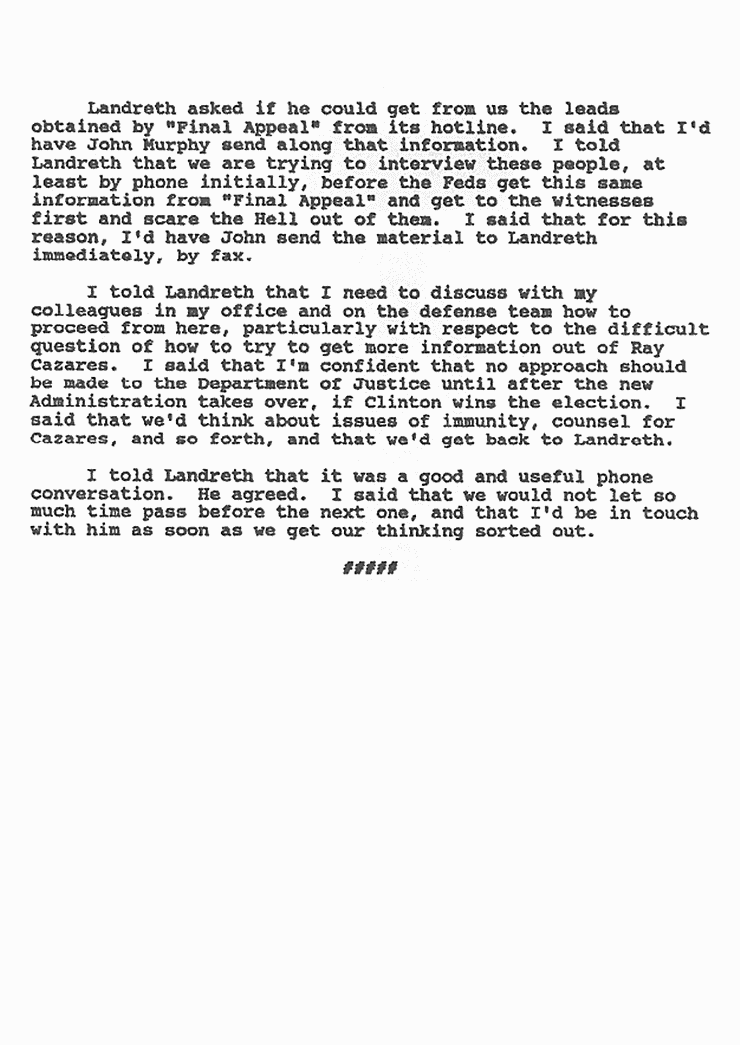 September 24, 1992: Memo (assumed from attorney Harvey Silverglate), re: telephone conversation with Ted Landreth, p. 5 of 5