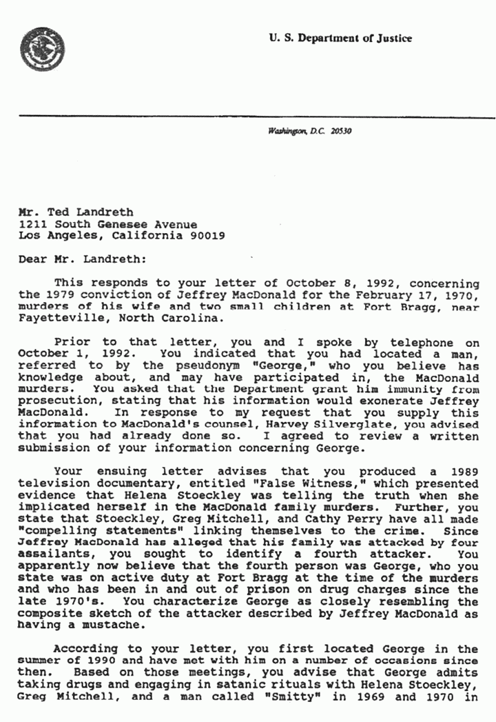 Circa October 1992: Letter from James Reynolds (DOJ) to Ted Landreth, re: suspect George, p. 1 of 5 Circa October 1992: Letter from James Reynolds (DOJ) to Ted Landreth, re: suspect George, p. 1 of 5