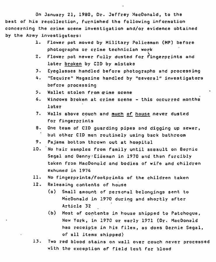January 21, 1980: Ted Gunderson's summary of Jeffrey MacDonald's recollections of the crime scene investigation, p. 1 of 5