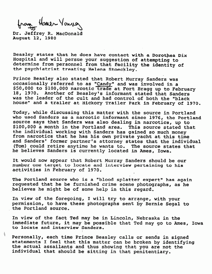 August 12, 1980: Memo from Homer Young to Jeffrey MacDonald re: Prince Beasley, Robert Murray Sanders, Helena Stoeckley and photographs