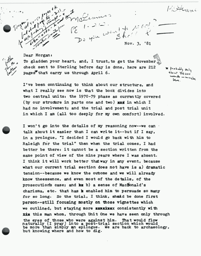 November 3, 1981: Letter from Joe McGinniss to Morgan Entrekin re: Fatal Vision, p. 1 of 3