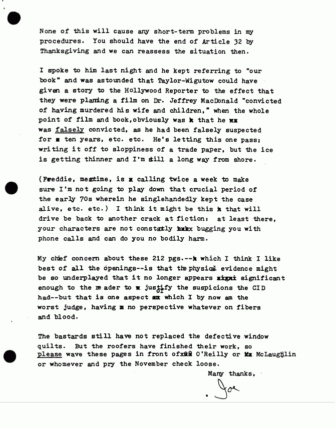 November 3, 1981: Letter from Joe McGinniss to Morgan Entrekin re: Fatal Vision, p. 3 of 3