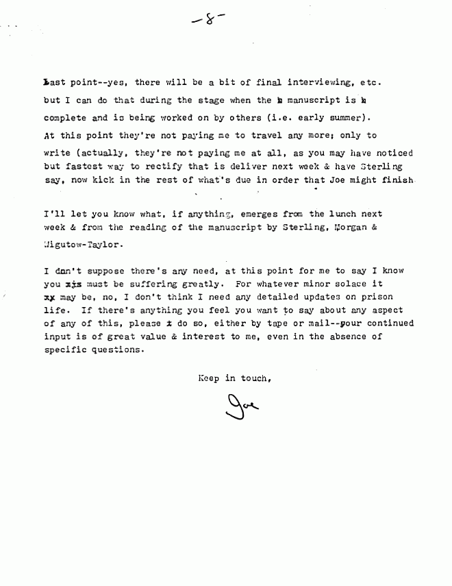 May 4, 1982: Letter from Joe McGinniss to Jeffrey MacDonald re: artistic control, p. 8 of 8