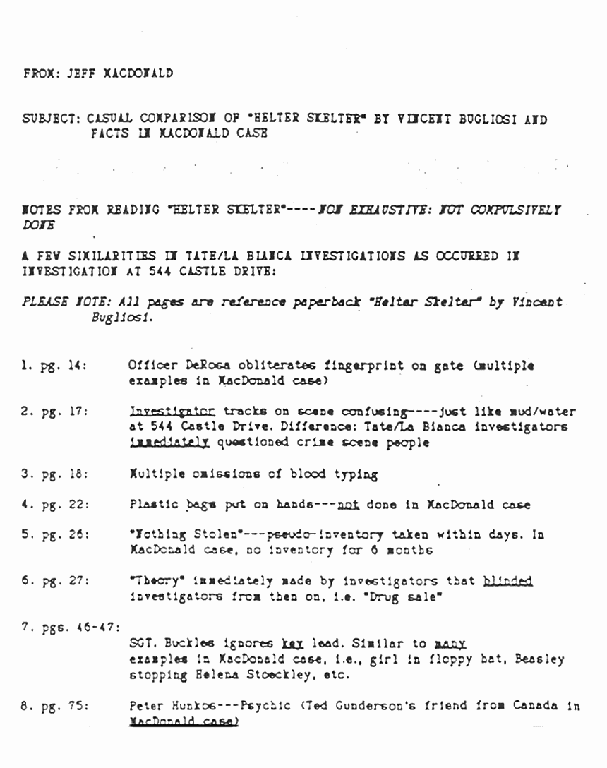 Undated: Jeffrey MacDonald's notes re: "Casual Comparison of Helter Skelter by Vincent Bugliosi and Facts in MacDonald Case", p. 1 of 5