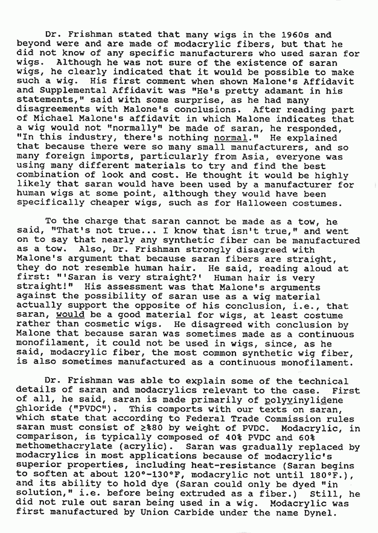 Undated: Partial memo re: Interview with Dr. Frishman about saran and wigs, p. 1 of 3