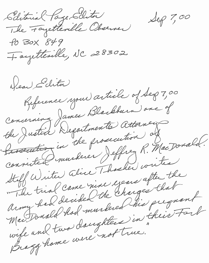 September 7, 2000: Letter from Peter Kearns to the Fayetteville Observer Editorial Page Editor, re: James Blackburn and Jeffrey MacDonald, p. 1 of 3