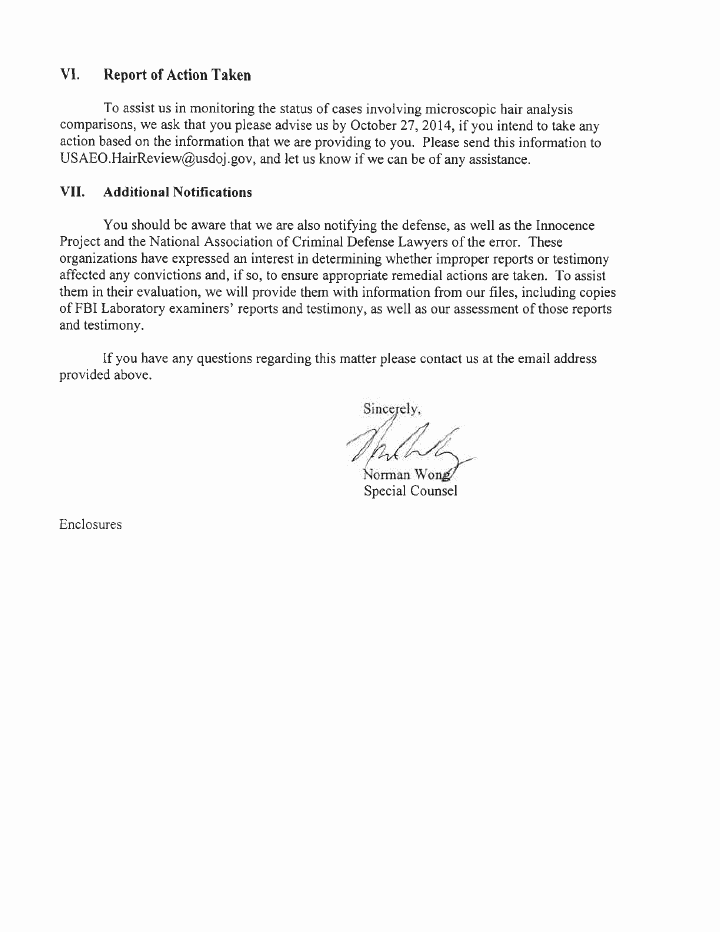 September 17, 2014: Letter from Norman Wong (Special Counsel, U.S. Department of Justice) to Thomas Walker (U.S. Attorney, Eastern District of North Carolina) re: FBI examinations in the Jeffrey MacDonald case, p. 3 of 3